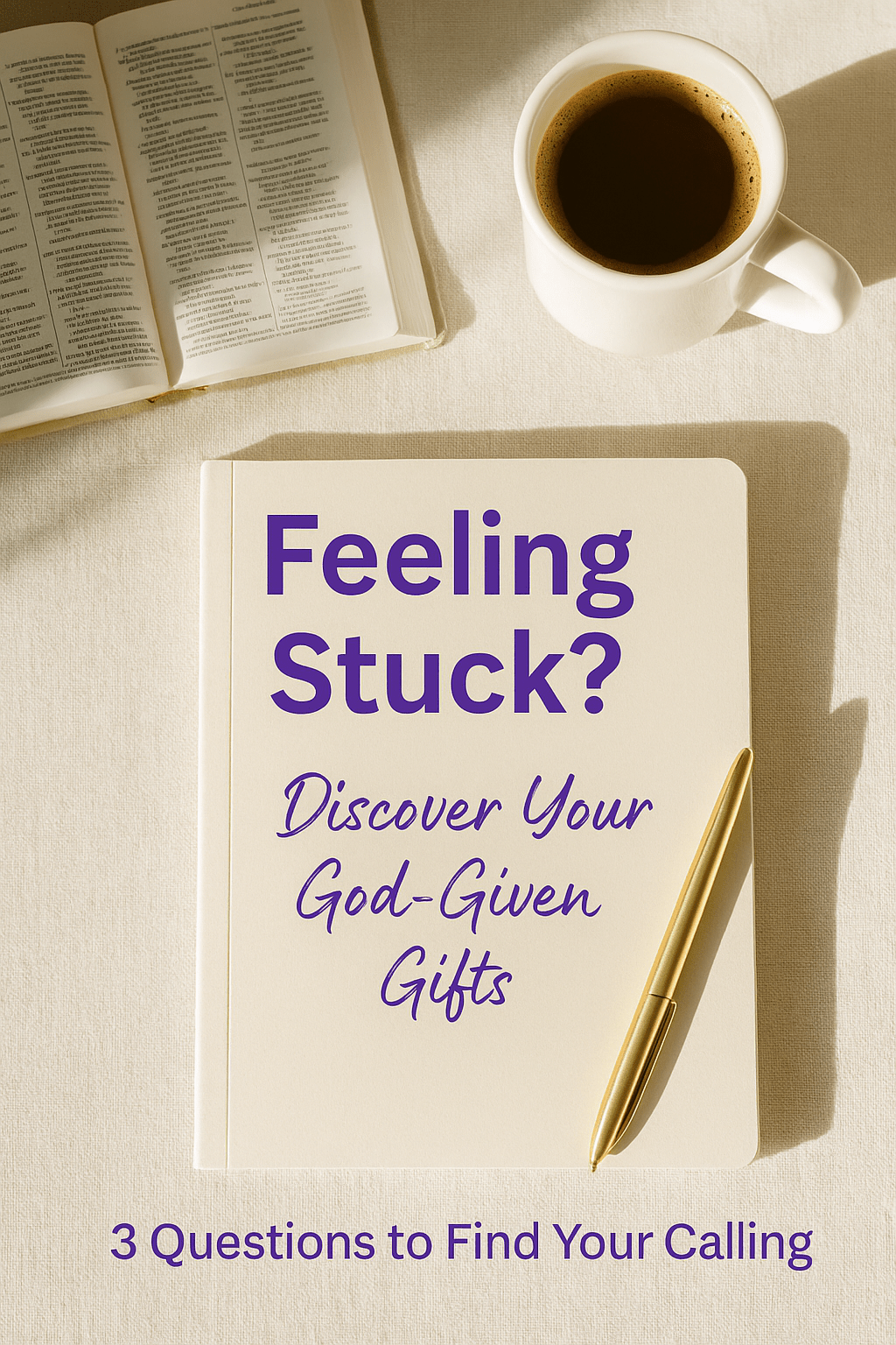 Discover your God-given gifts – Bible, journal, and coffee flat lay with text Feeling Stuck? 3 Questions to Find Your Calling